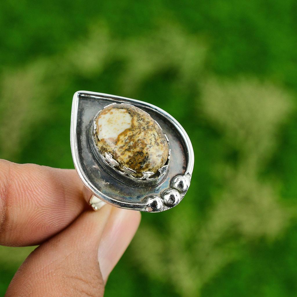 Gift For Her 925 Silver Natural Picture Jasper Multi Stone Adjustable Ring
