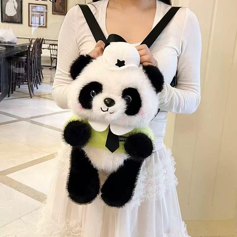 Plush Panda Police Backpack For Girls With Zipper Closure And Design Cartoon