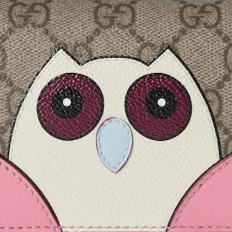 Gucci Double G logo owl detail snap closure coated fabric wallet mini women's pink with white and brown