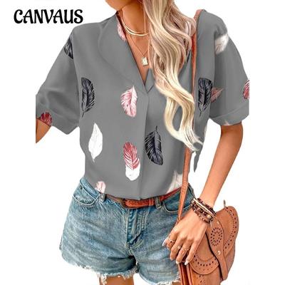 Летняя женская рубашка с лацканами и принтом перьев, топы с короткими рукавами, рубашка, футболка