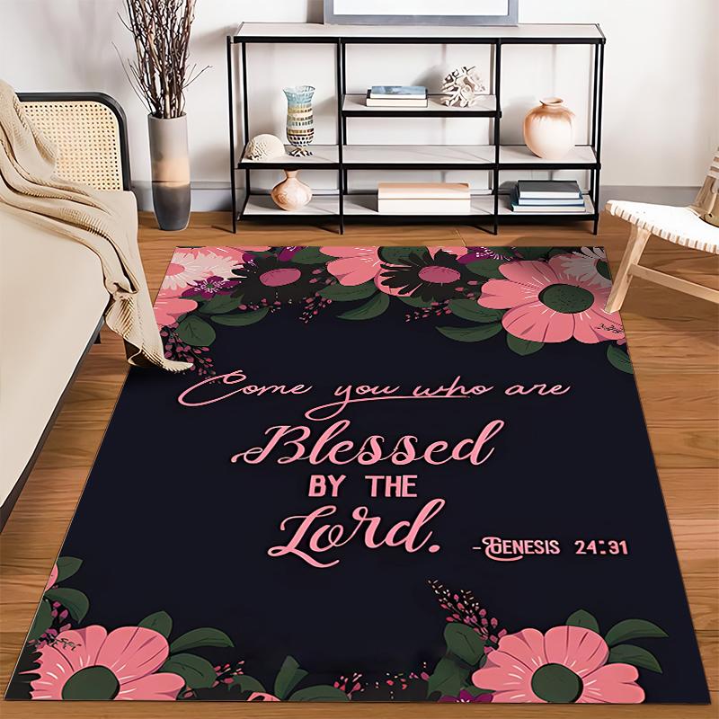 Floral Script: Blessed Quote Rug Non-slip rug suitable for living room and bedroom sofas.