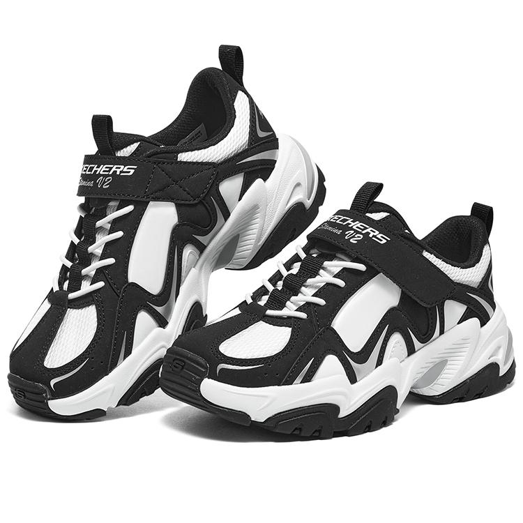 Skechers Волна Мода Универсальные Удобные Липучка Прочные Нескользящие Низкие Повседневная Обувь Детские кроссовки Черный Белый 405252L-BKW