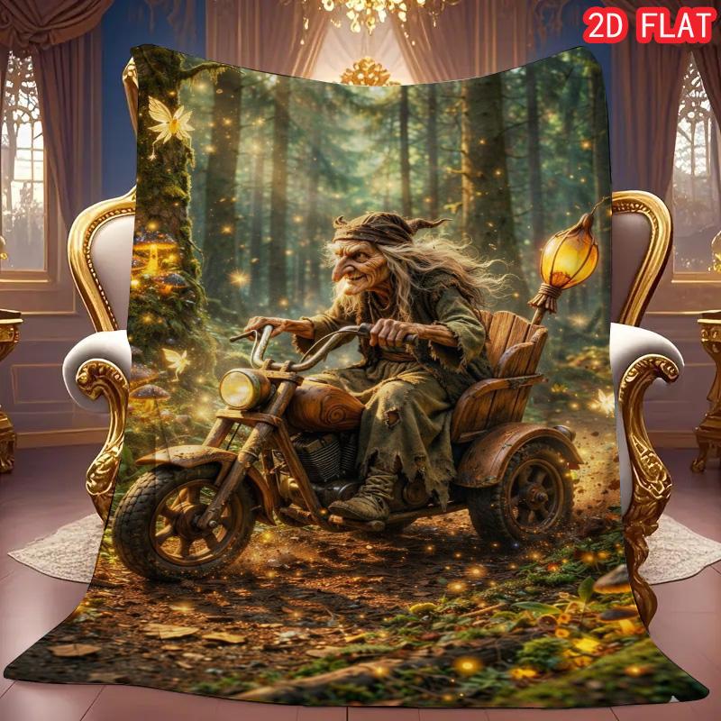 Enchanted Forest Witch on Motorcycle Flannel Blanket, Soft Warm Throw for Kids Bedroom