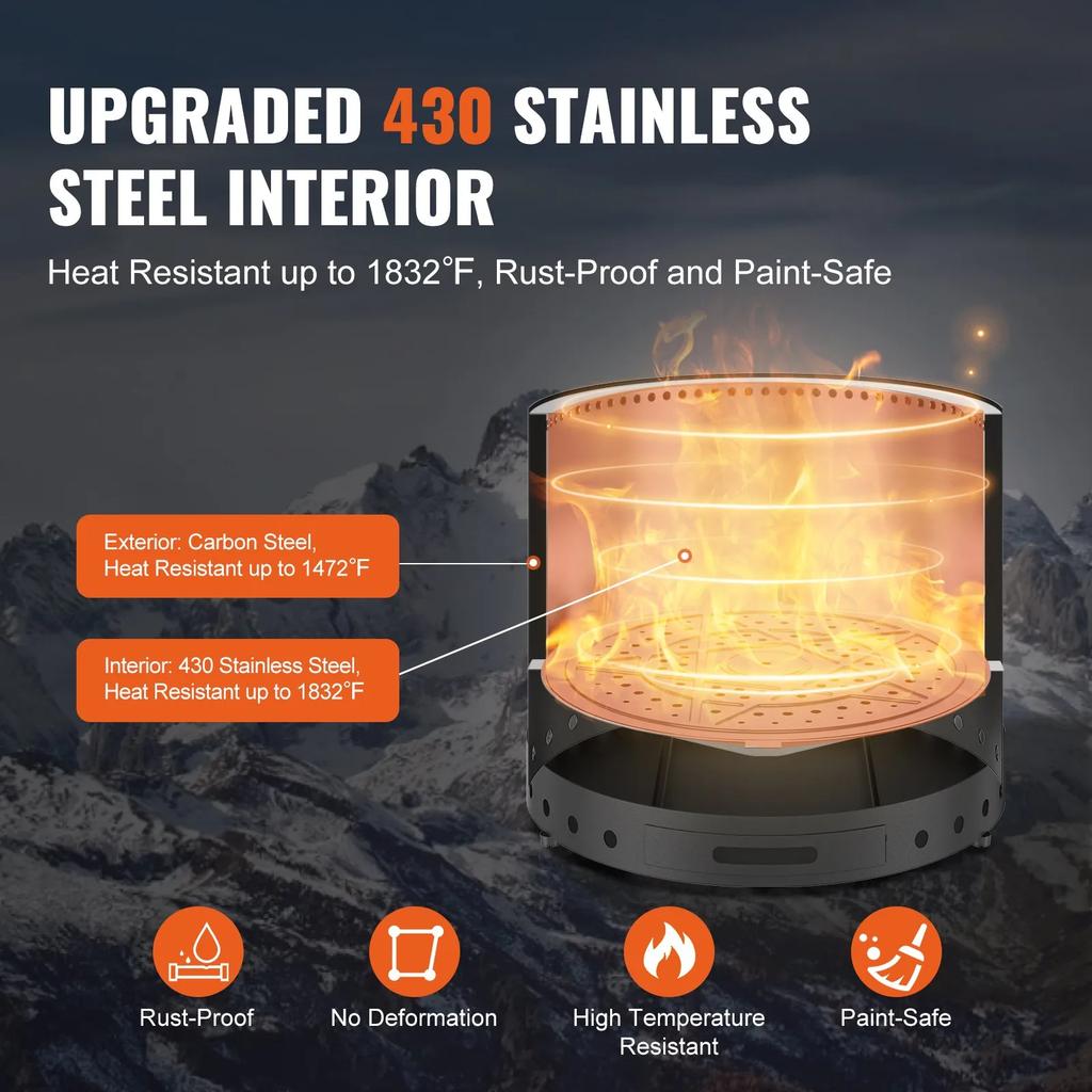VEVOR Smokeless Fire Pit Stove Bonfire 49 cm Dia Wood Burning Stainless Steel