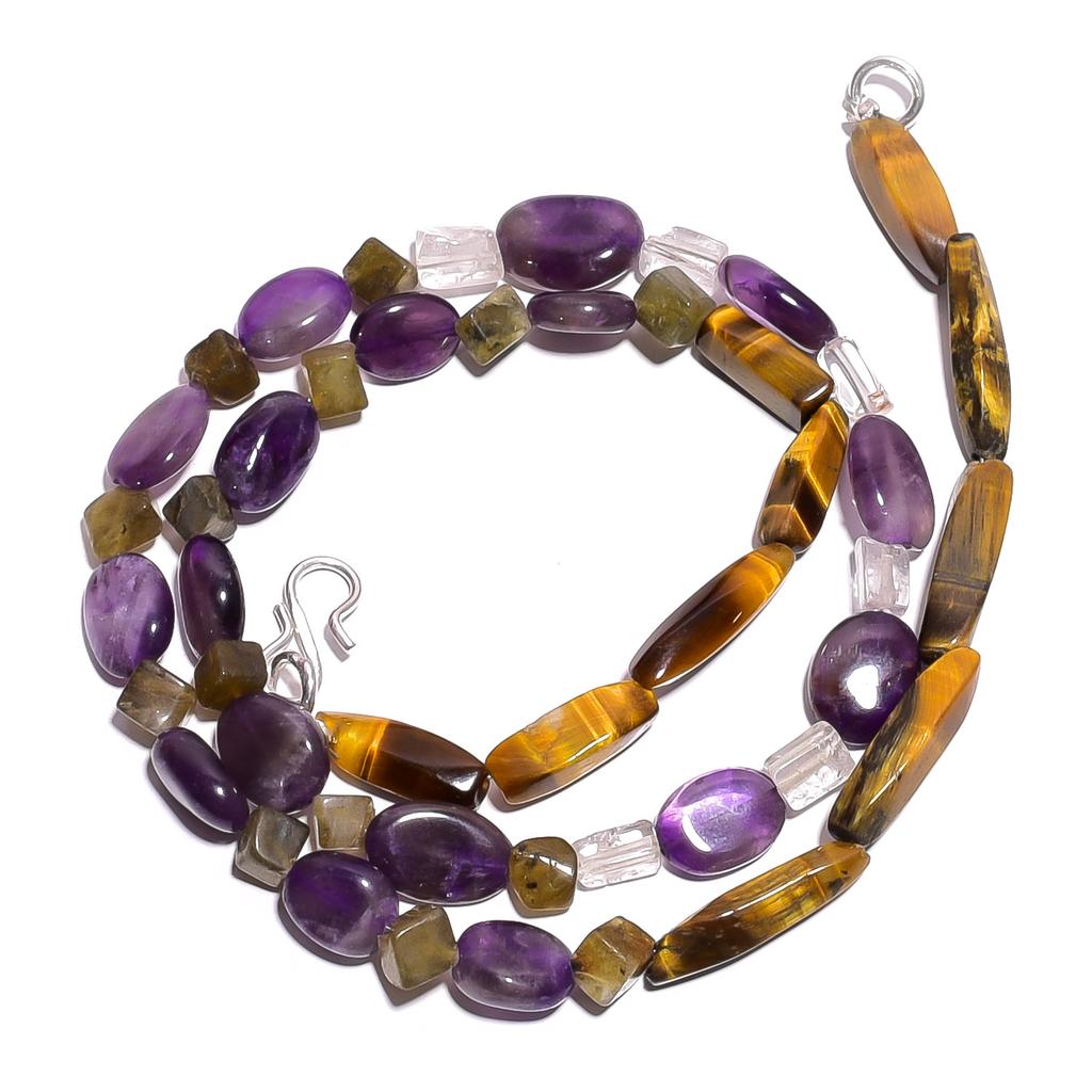Natural Tiger Eye Amethyst Labradorite Gemstone Smooth Beads Necklace 17" UB5056 UB-5056