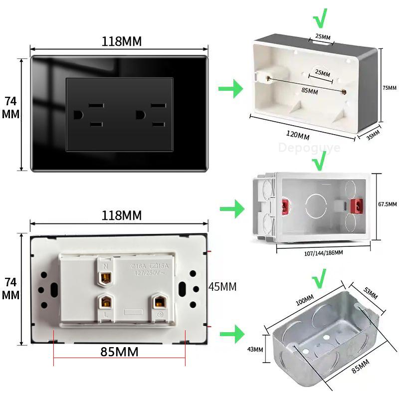 American Black Tempered Glass 15A Light Electrical Switch,US Plug USB Type-c Quick Charge Wall Power Outlet,Mexico Switch Outlet