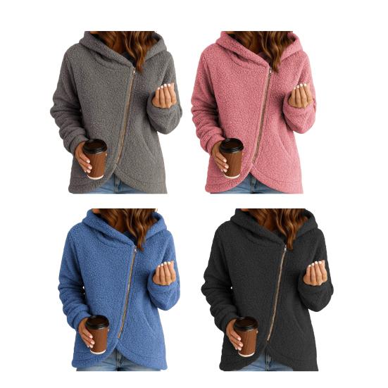 Women's Fleece Jacket Oblique Zip Up Long Sleeve Sherpa Coat Fuzzy Hooded Jacket