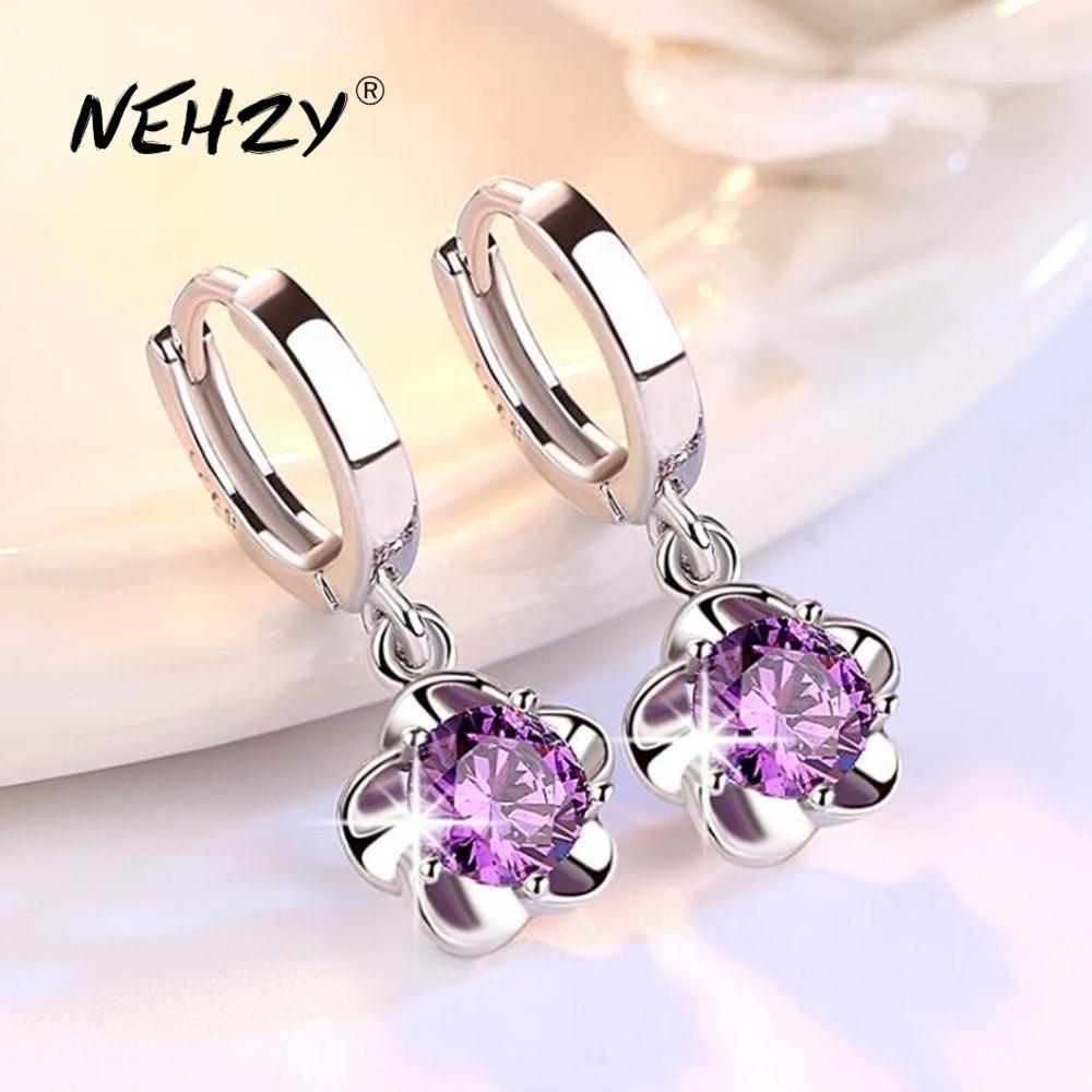 925 Sterling Silver Earrings Jewelry High Quality Retro Simple Pattern Purple White Zircon Earrings Sale