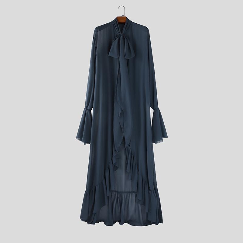 INCERUN Мужские топы с завязками на шее, длинными рукавами, оборками, неровными слоями, из сетки, длинные, для вечеринок и клубной одежды