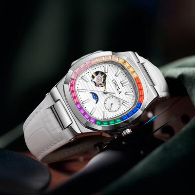 Мужские автоматические механические часы с маховиком, полым 24-часовым окошком для индикации фаз Луны, цветные часы с бриллиантами, круглые студенческие механические часы