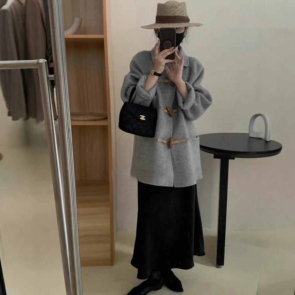 Новое ретро-колледж-стиль, двухстороннее шерстяное пальто с роговыми пуговицами для женщин, модная средняя длина