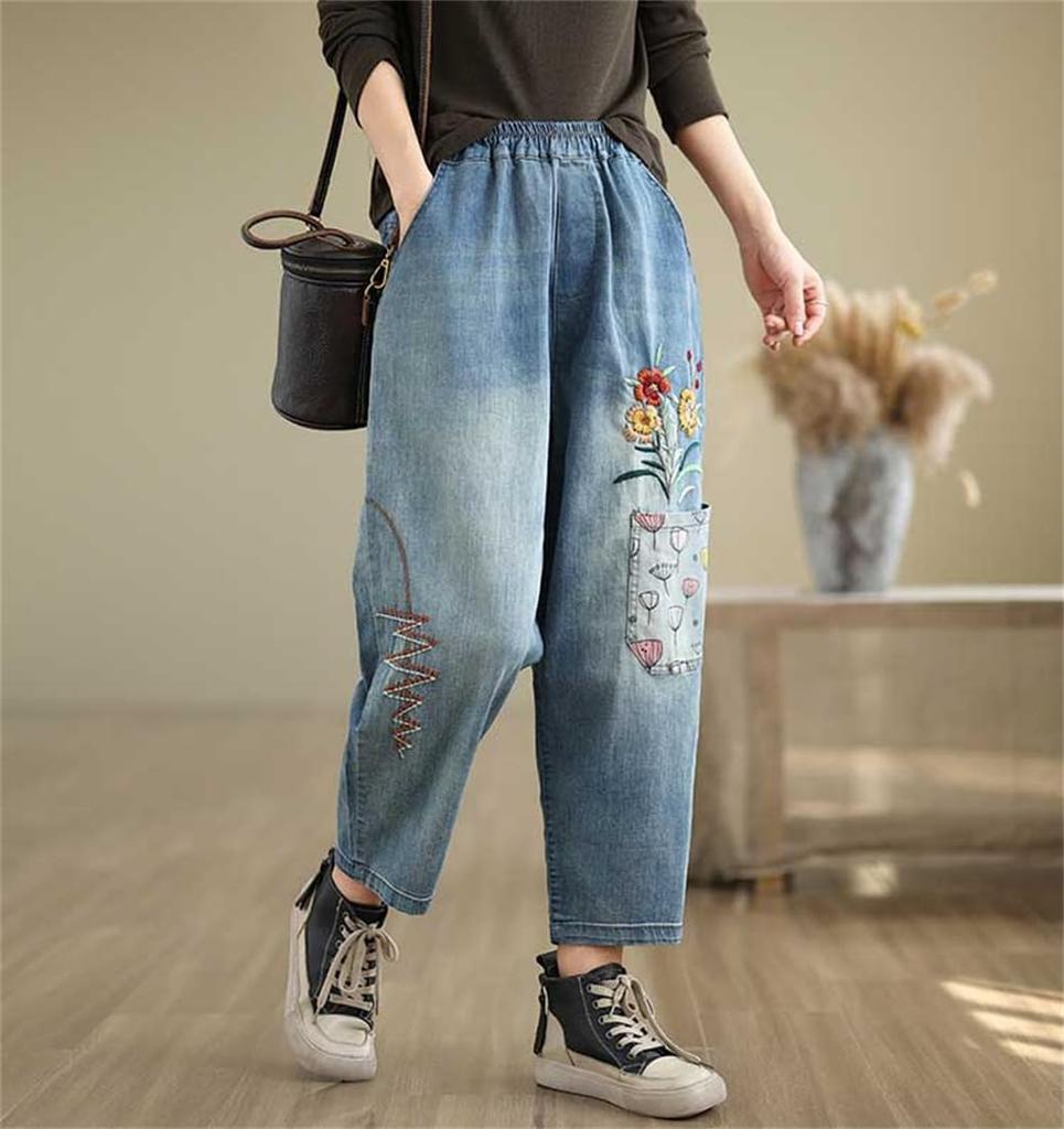 ZHENGTU Denim Gaucho Sarouel Loose Elastic Floral High Cute Women's Pants, Jeans, Fit, Waist, Embroidery, Waist, Flattering, Casual, (Blue, XL, XL)