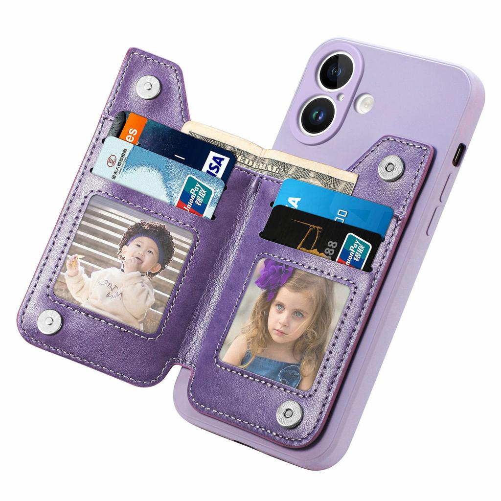 Чехол для iPhone 16 из искусственной кожи + ТПУ с карманом на молнии и кошельком - фиолетовый