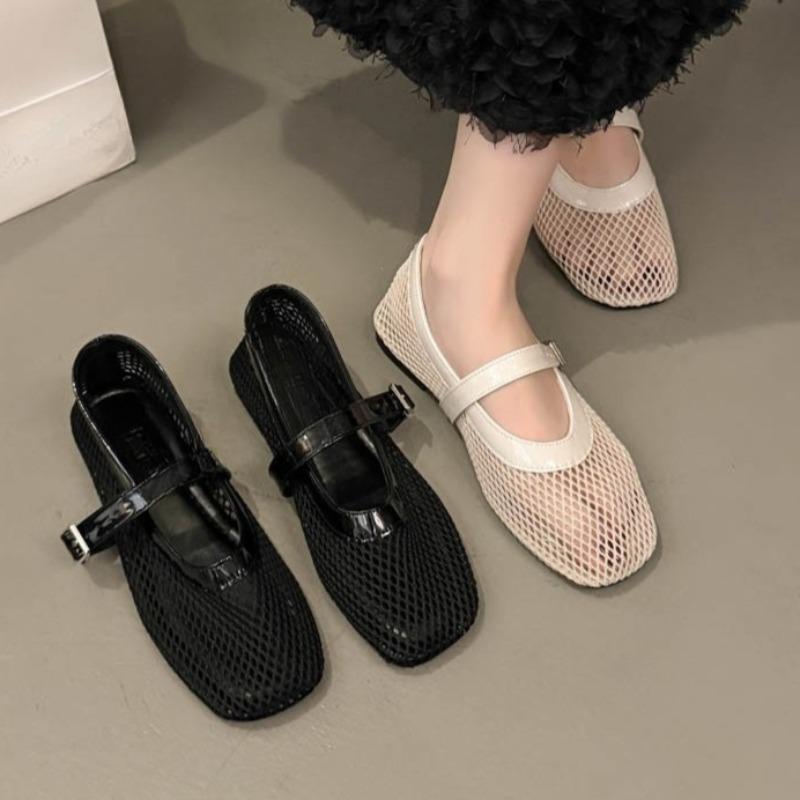 Fashion Fishing Net Hollow Women's Shoes Summer New Square Toe Shallow Mouth Flat Mesh Casual Mary Jane Soft Sole Single Shoes
