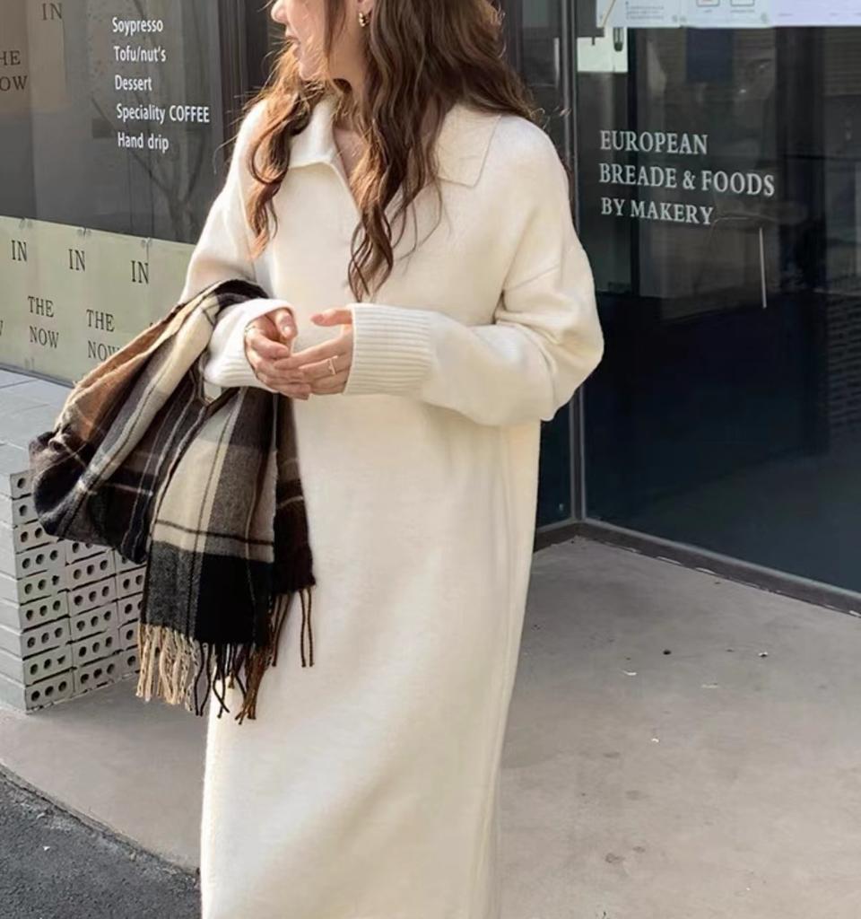 Платье-свитер LYRIA однотонное с воротником поло и высоким воротником, новый осенне-зимний стиль, подходит для пальто, длинное до колена, свободного кроя, толстой вязки.