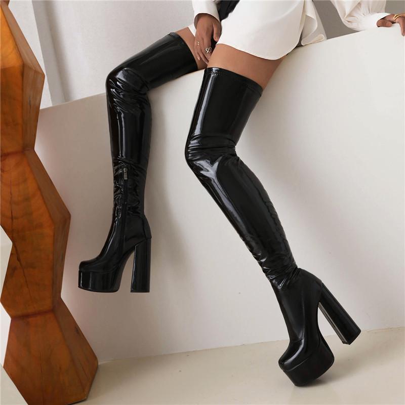 Женские сапоги на высоком каблуке, сексуальные, в европейском и американском стиле, водонепроницаемые, на толстом каблуке, однотонные, большого размера, до колена