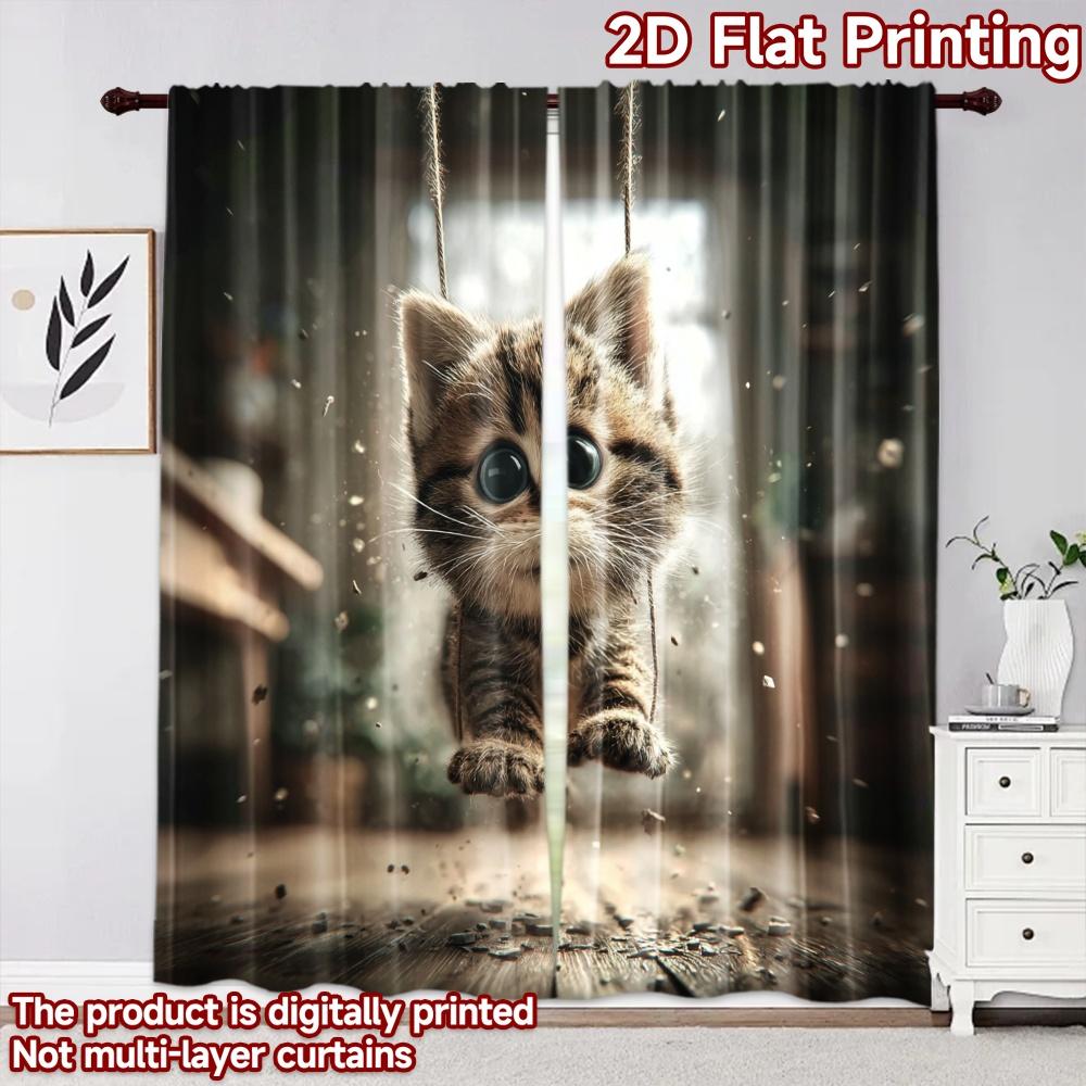 2D flat printing 2pcs Curtain Drapes Playful Kitten Swinging Digital Printed Polyester Drapes Seasonal Party & Holiday Decor for