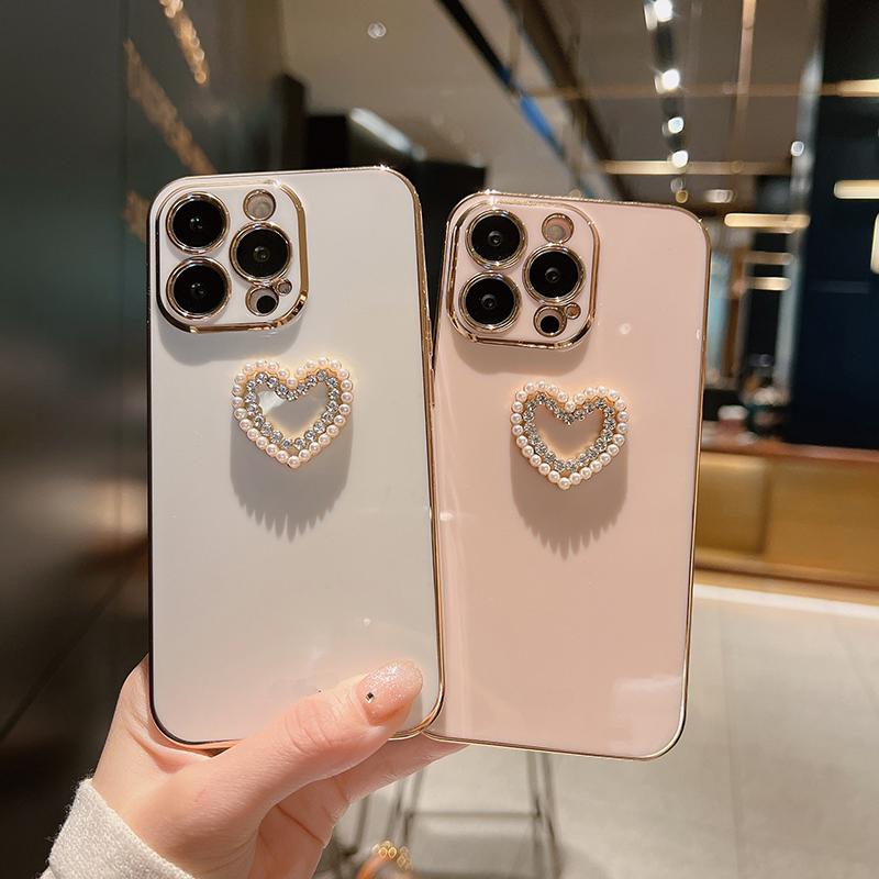 Мягкий силиконовый чехол для телефона Ins с жемчугом и бриллиантами для Iphone 13 Pro Max Mini 12 11 7 8 Plus X Xs Xr Se 2 Heart Love Cover