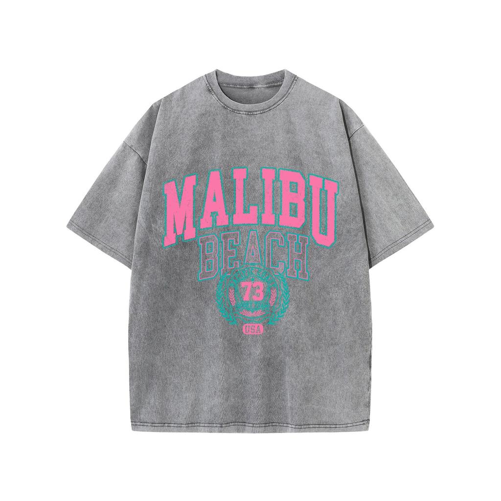 Malibu Beach Washed T-Shirt Women Letter Printing Cotton T Shirt Comfortable Crewneck Tops Casual Oversized Clothes