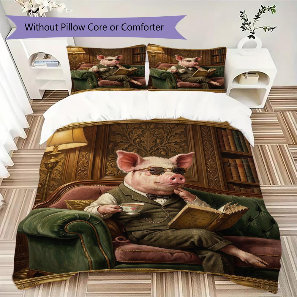Vintage Persona Pig Pattern Bedding uilt Set uilt Cover Pillowcase Home Decoration Birthday Gift (1 * duvet cover + 2 * pillowcase without core)