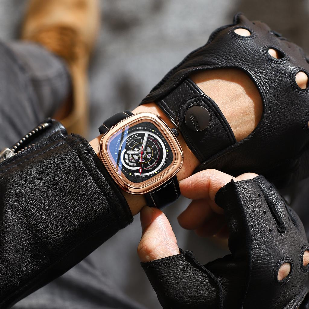 Роскошные квадратные полые полностью автоматические часы с подарочной коробкой, мужские механические часы