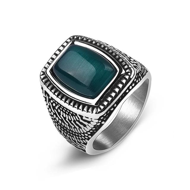 Fashion Men Ring Green Stone Stainless Steel Charm Punk Hiphop Finger Rings Male Charm Jewelry