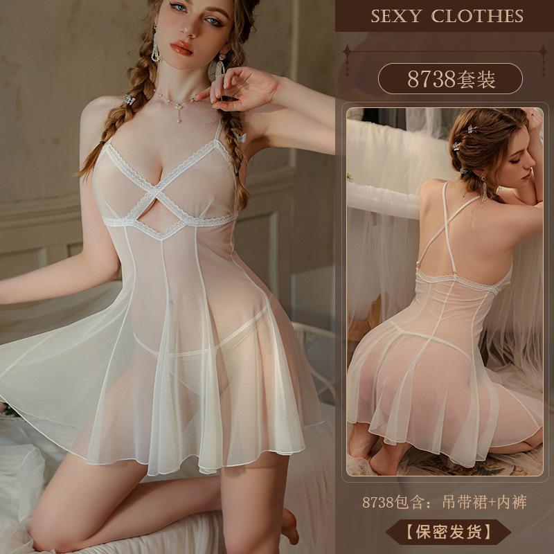 Erotic Underwear, sexy halter lace Seductive nightdress, Hot Cut-out mesh fabric see-through uniform pajamas 8738
