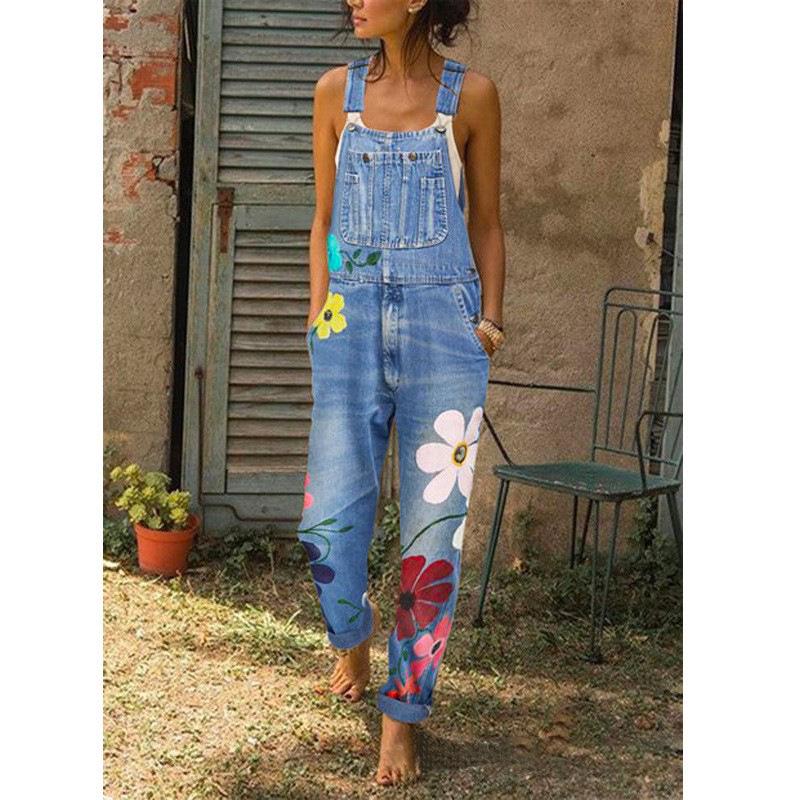 Women's Summer Denim Overalls – Classic, High-Quality, Loose Straight-Leg with Print