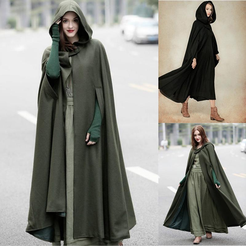 Women Long Sleeve Hooded Mediaeval Cloak Maxi Wool Coat