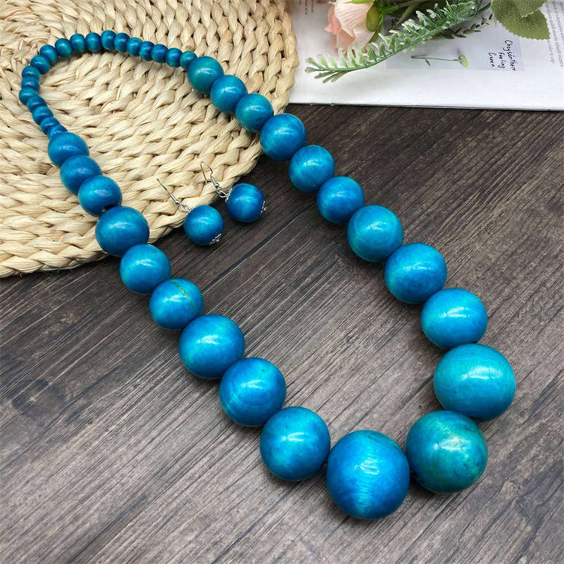 Exaggerate Suite Fashion Bohemian Style Wooden Bead Necklace Earrings Suite Vacation Style