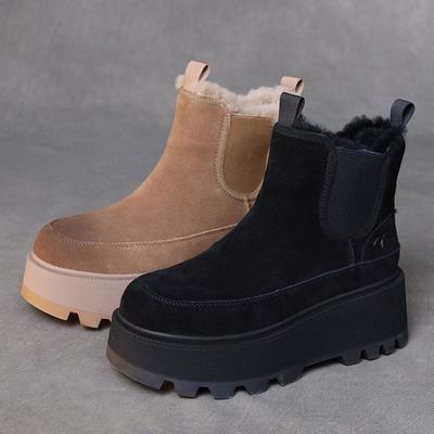 Женские зимние ботинки на платформе 2024 года: Плотный бархат, удобный, короткий, повседневный, хлопок, коровья кожа