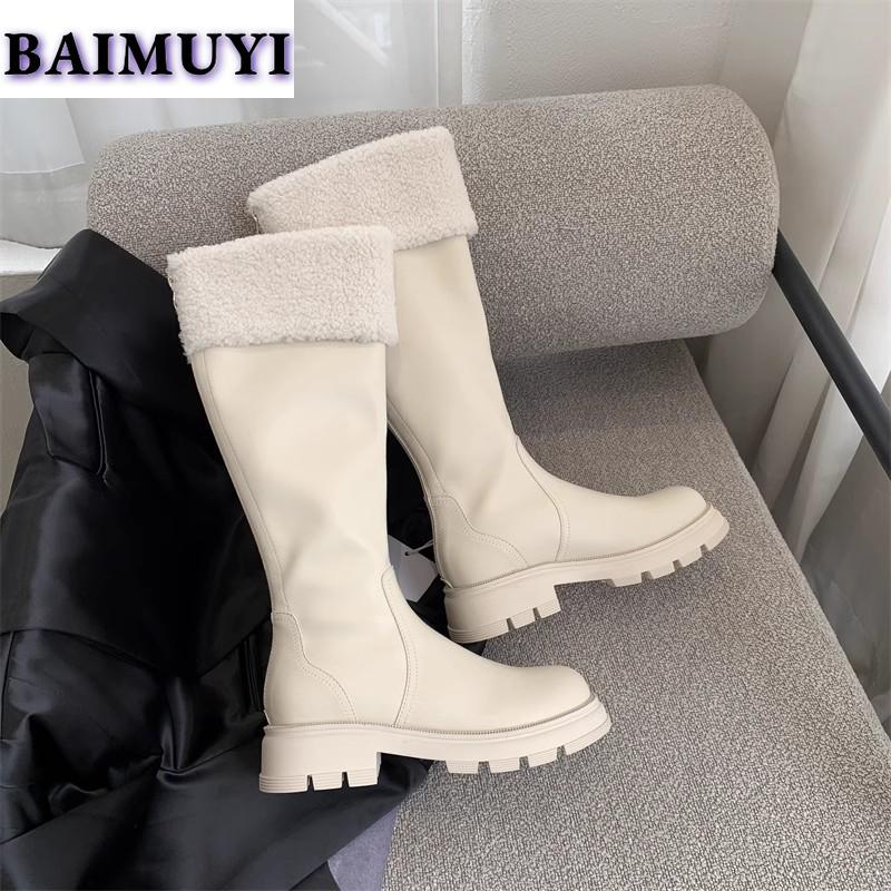 Женские зимние сапоги на платформе до колена, меховые хлопковые туфли «Челси» на толстом каблуке, тренд 2024 года, зимние кожаные готические плюшевые теплые ботинки Mujer