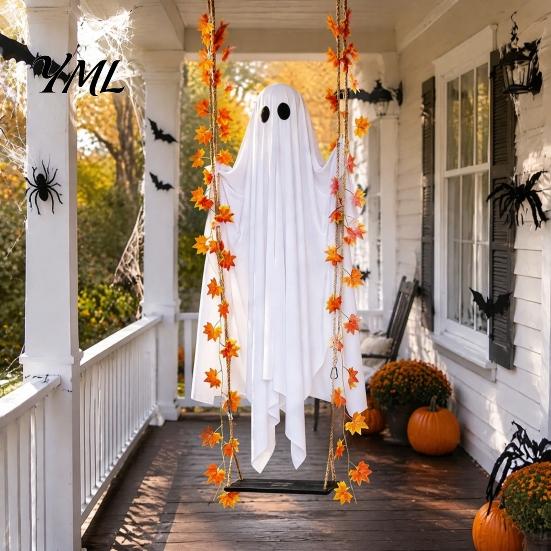 Festive Home Accessories Light Up Hanging Swinging Ghost Halloween Decoration with Remote Control, Large White Realistic Fabric Ornament Maple Leaves