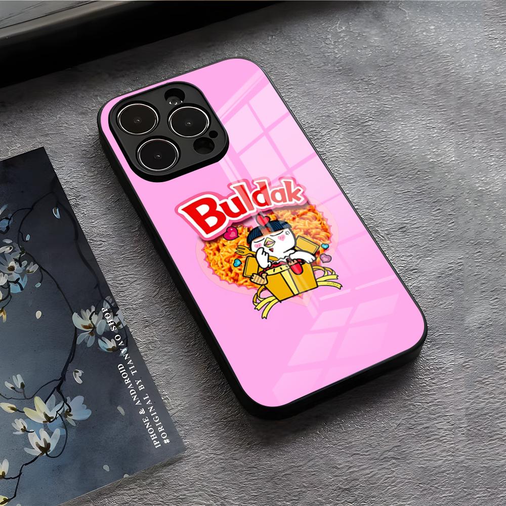 K-Kwaii Аниме B-Buldak R-RameSn Чехол для телефона Для IPhone 17 Air 16 E Pro Max 15 14 13 Mini 12 Pro 11 Max Plus Черная стеклянная крышка