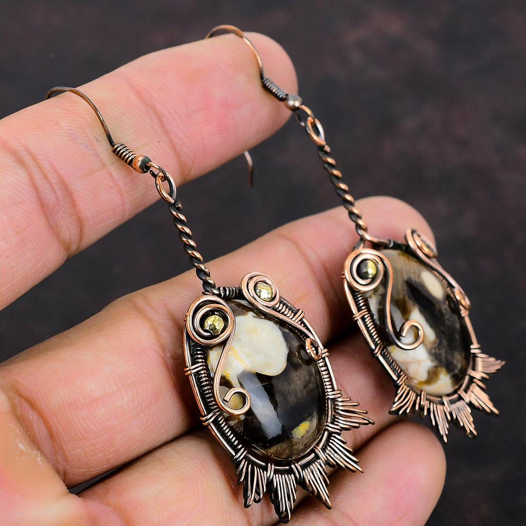 Серьги из арахисового дерева, яшмы, медная проволока, серьги, драгоценные камни, ювелирные изделия ручной работы, потрясающие серьги, подарок на годовщину, замечательные медные украшения