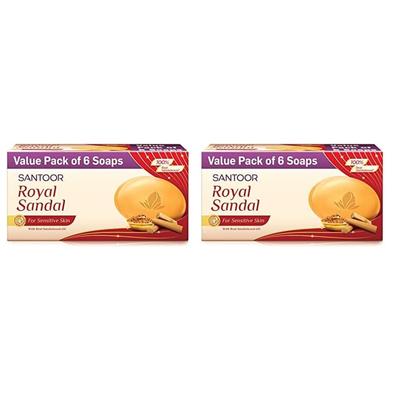 Мыло для ванны Santoor Royal Sandal для чувствительной кожи Кремовые увлажнители Натуральное масло сандала Стойкий аромат Упаковка из 2 шт. (125г X 6Н)