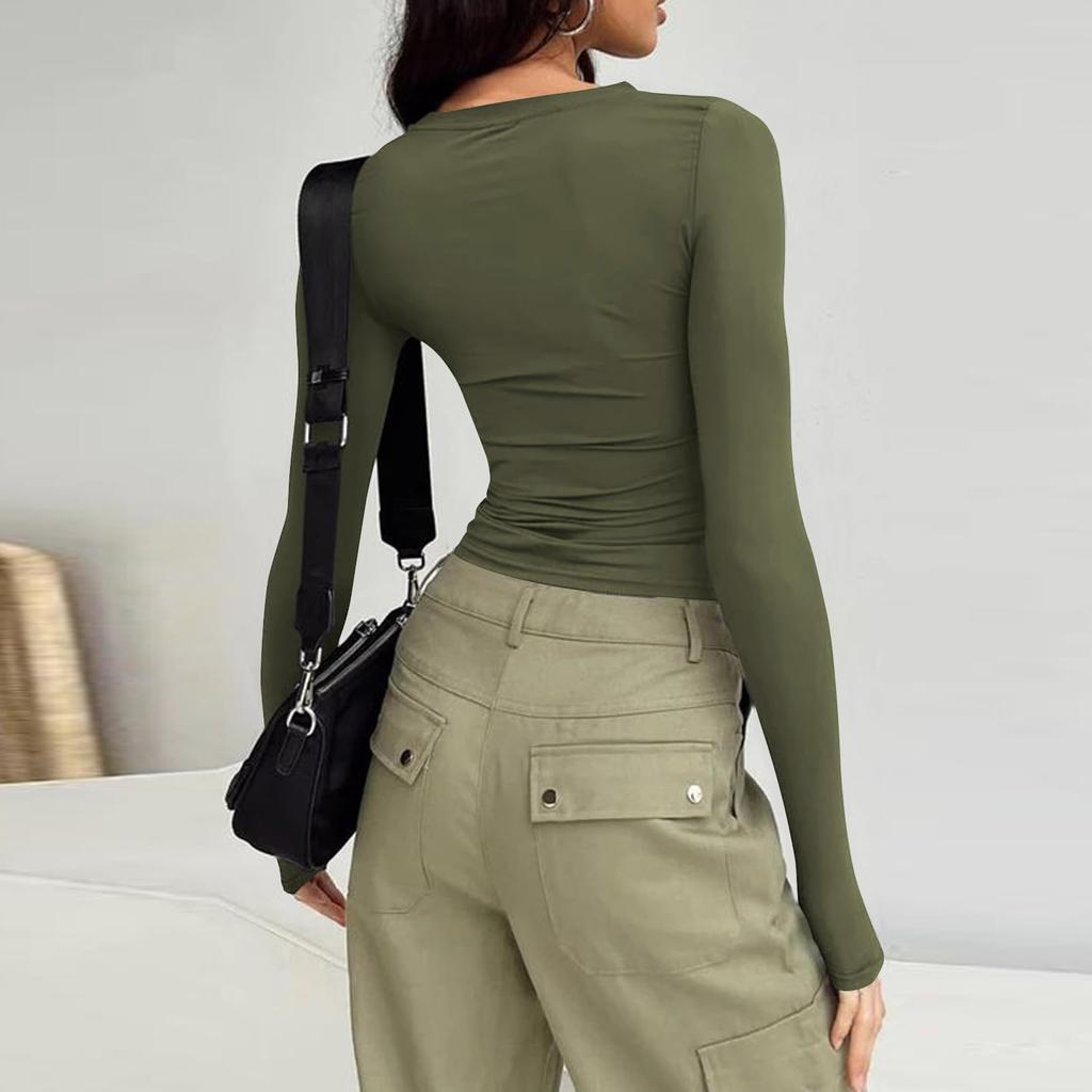 Женская модная однотонная футболка с круглым вырезом и длинными рукавами, топ