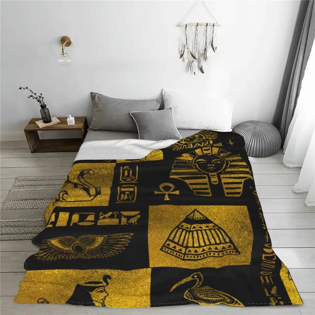 Одеяло в виде коллажа с египетскими золотыми иероглифами и символами, фланелевое осеннее египетское многофункциональное одеяло для дивана, уличное одеяло