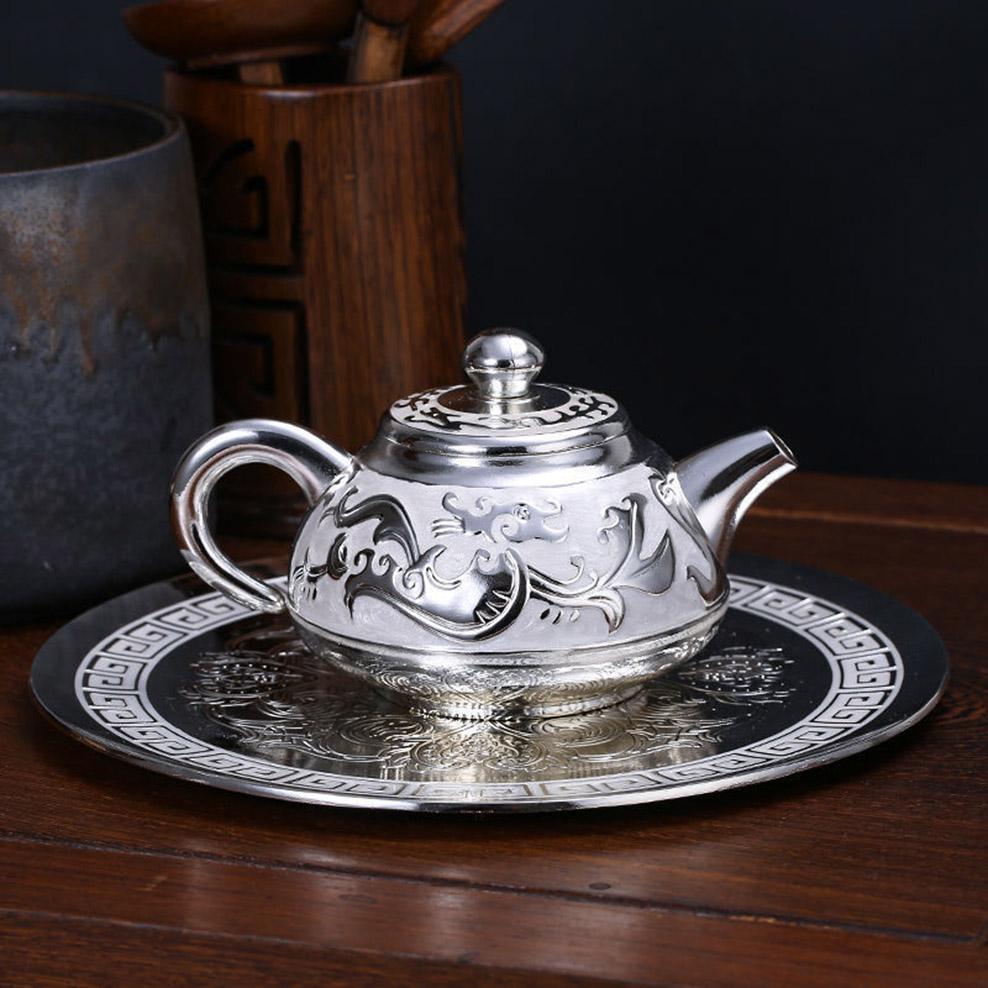 6-piece Set, Chinese Dragon Totem Tea Set, S999 Silver Teapot Tea Cup with Tray, Retro Silver Plated Tea Set, Home Ornaments