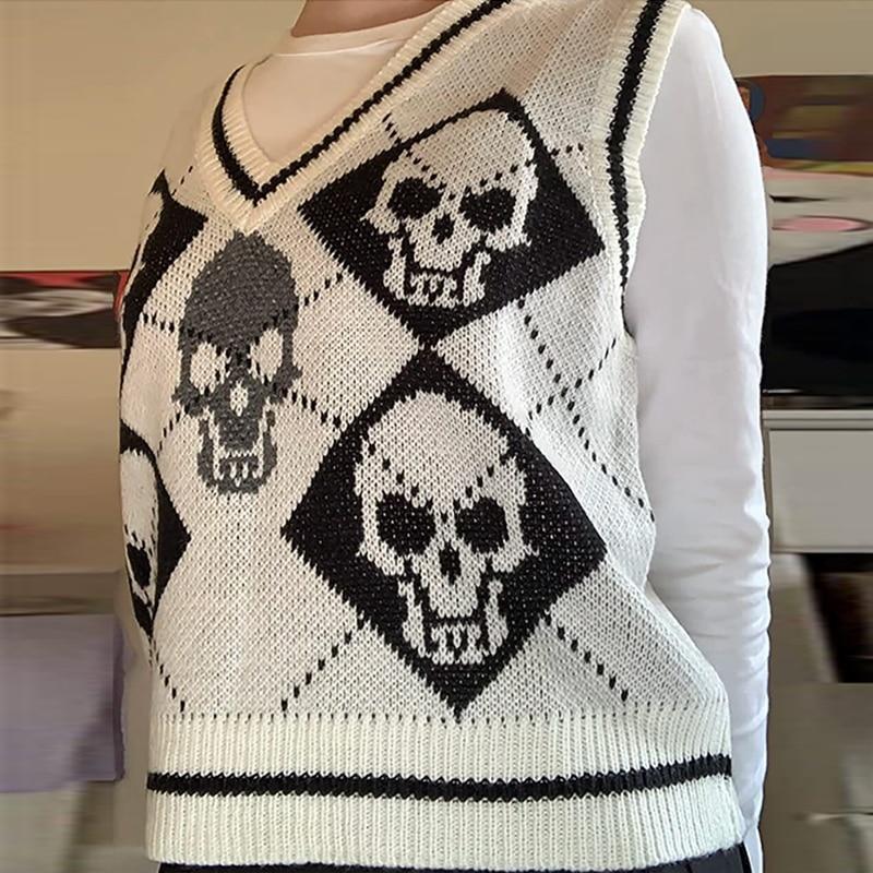 Gothic Knit Sweater Vest Skull Argyle Print Pattern Knitwear V-neck Pullover Fashion Jumper Top Women Halloween Streetwear