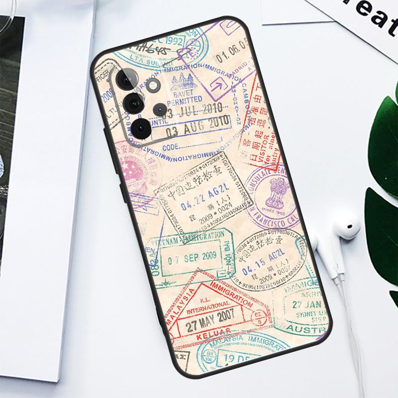 Retro Post Card Passport Stamps For Samsung Galaxy A06 A05 A16 A54 A34 A14 A55 A35 A15 A53 A33 A13 A22 A32 A52 Phone Case