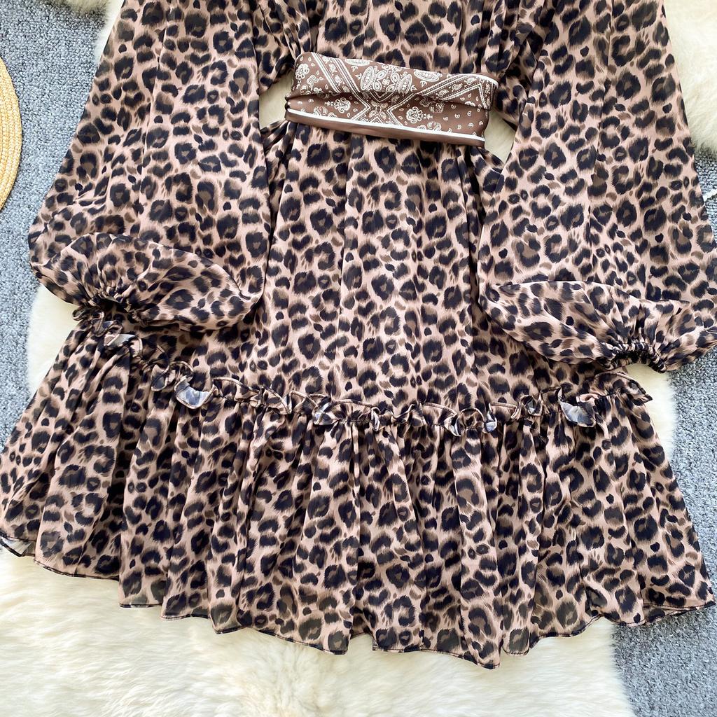 Women's Dress Funky Scarf Tie Waisted Lantern Sleeve Leopard Mesh A-Line Short Dresses