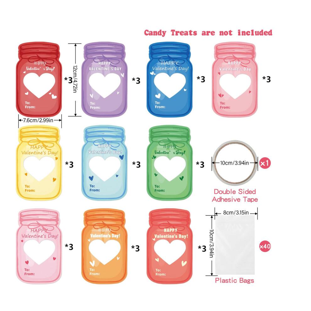 Kids Valentines Cards Set - 30 Jar Designs with Adhesive & Bags