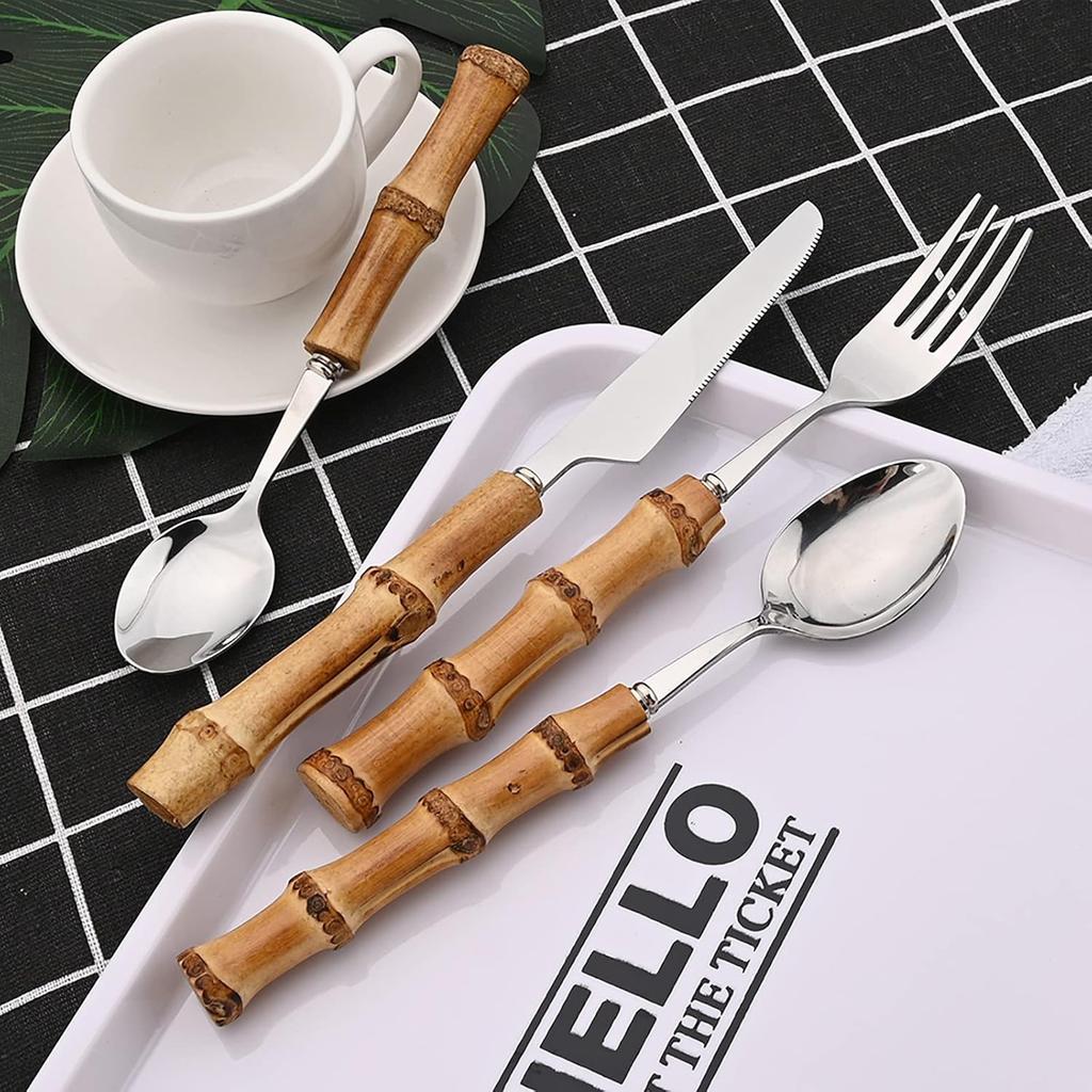 4 Pieces Bamboo Handle Set Natural Bamboo Flatware Stainless Steel Cutlery Utensils, Include Knife Fork Spoon Teaspoon