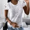 Женские топы с круглым вырезом, коротким рукавом, однотонная футболка с кружевными вставками, однотонная повседневная блузка стандартного кроя