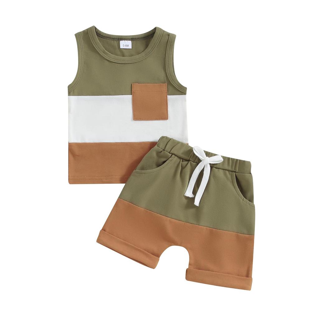2Pcs Baby Boy Summer Outfits 6M 12M 18M 24M Sleeveless Contrast Color Pocket Tank Tops + Shorts Set Toddler Clothes