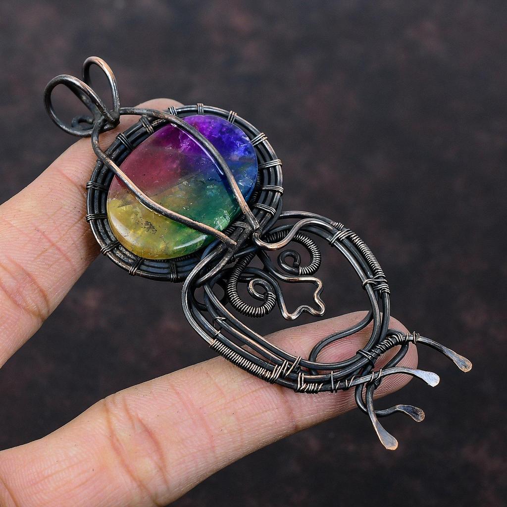 Rainbow Solar Quartz Druzy Pendant Copper Wire Wrapped Pendant Gemstone Pendant Wire Wrap Jewelry For Gift Handmade Pendant Copper Jewelry