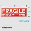 Fragile Stickers, Large Size 8 x2.7 in, Handle with Care, for Shipping Packing Moving, 100 Labels