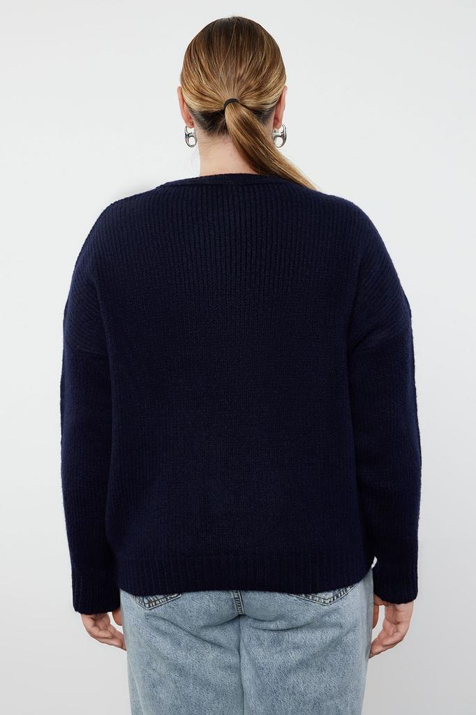 Women's Fashion Stylish Plus Size Sweater Navy Blue Crew Neck Soft Textured Knitwear Sweater