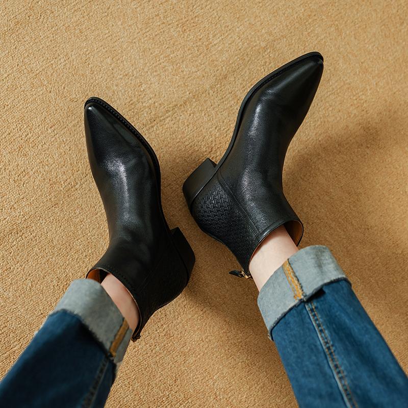 Fashion 2025 New Autumn Women Boots Pointed Toe Chunky Heel Shoes Genuine Leather Women Shoes Concise Zipper Ankle Boots Western Boots